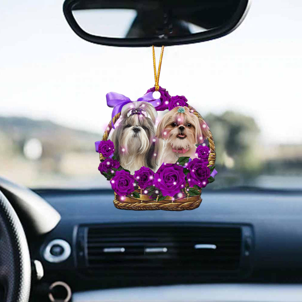 Shih Tzu_2Purple Rose Wicker Basket Car Hanging Ornament