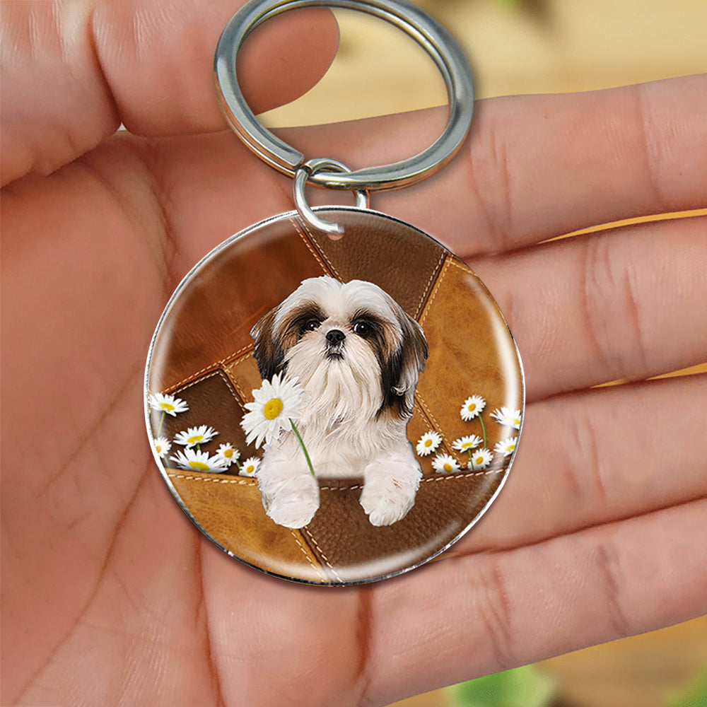 Shih Tzu  Holding Daisy-Round Resin Epoxy Metal Keychain