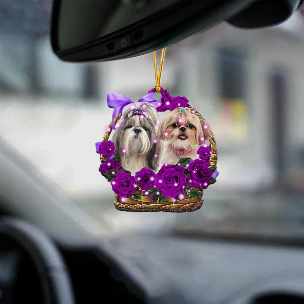Shih Tzu_2Purple Rose Wicker Basket Car Hanging Ornament