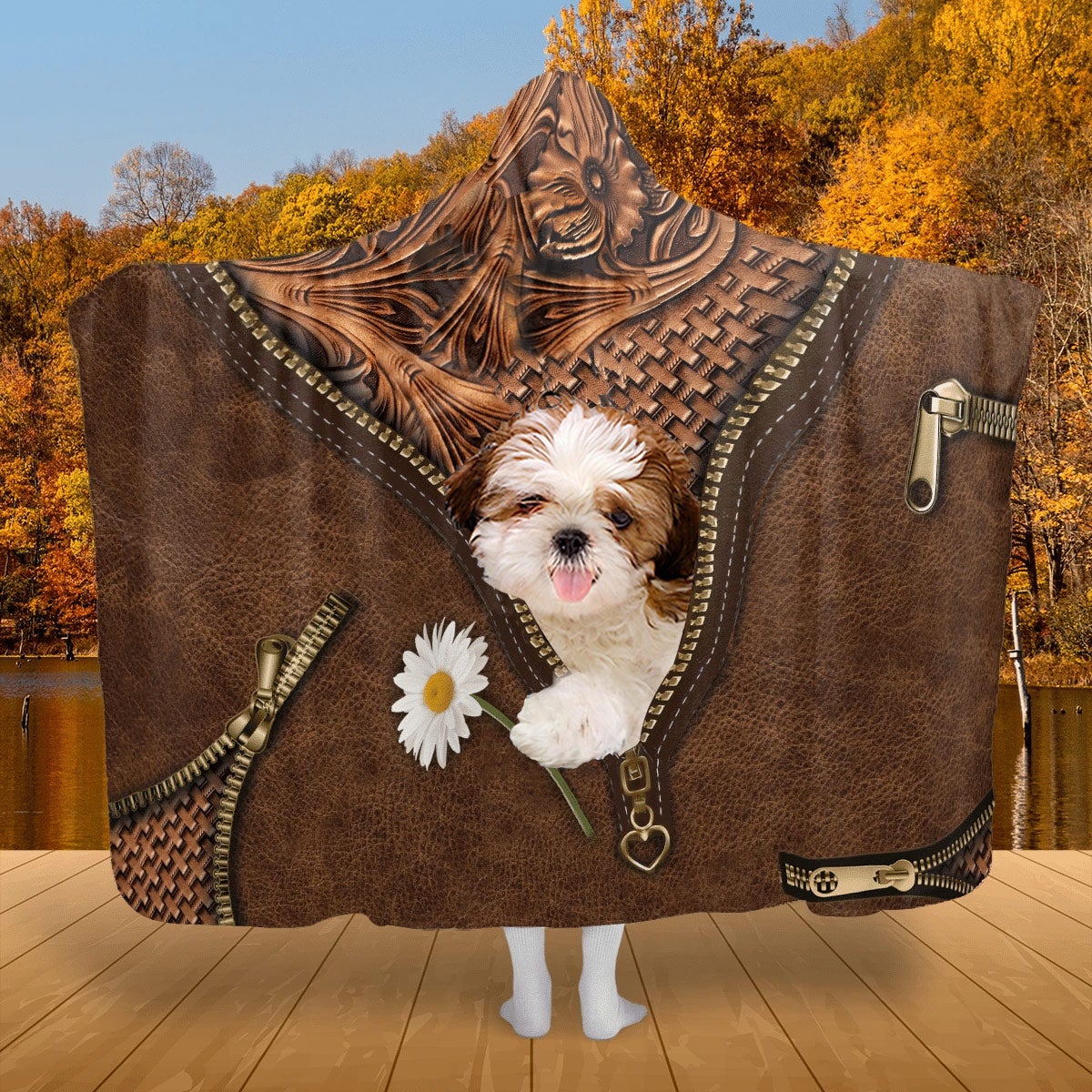 Shih Tzu Holding Daisy Hooded Blanket