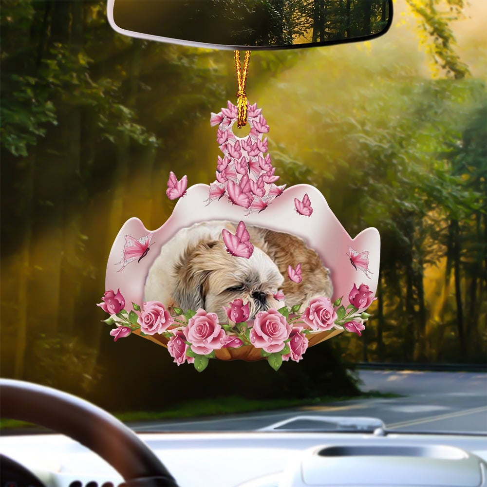 Shih Tzu Sleeping In Rose Garden Car Hanging Ornament