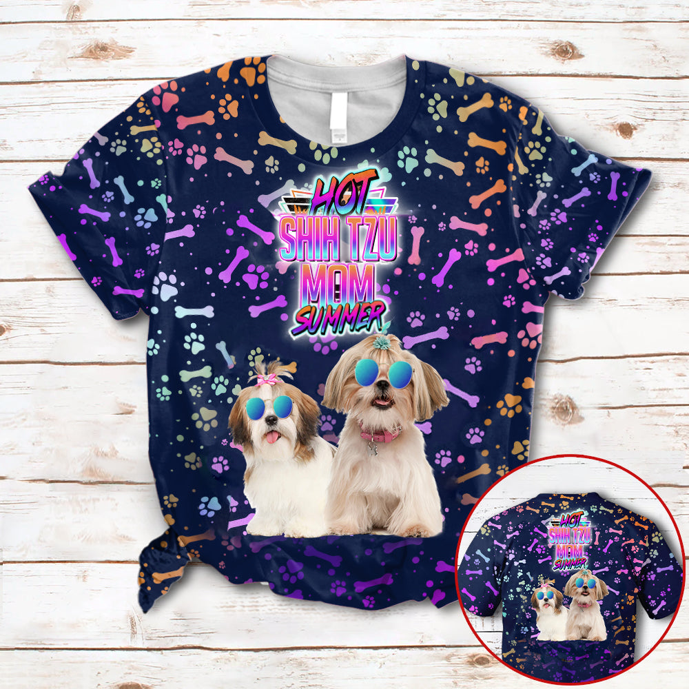 Hot Shih Tzu Mom Summer Neon Tropical Desing 3D All Over Print T-Shirt
