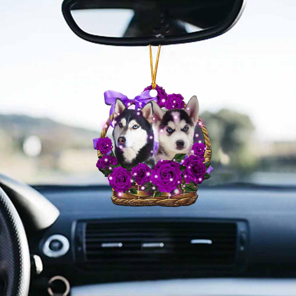 Husky Purple Rose Wicker Basket Car Hanging Ornament