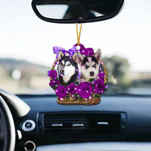 Husky Purple Rose Wicker Basket Car Hanging Ornament