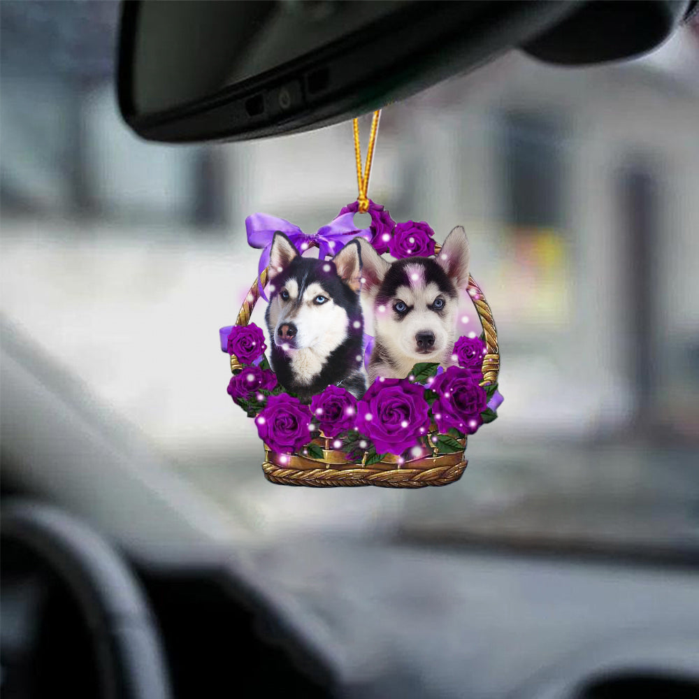 Husky Purple Rose Wicker Basket Car Hanging Ornament