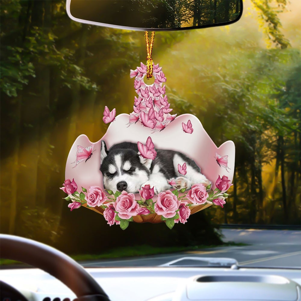 Siberian Husky Sleeping In Rose Garden Car Hanging Ornament