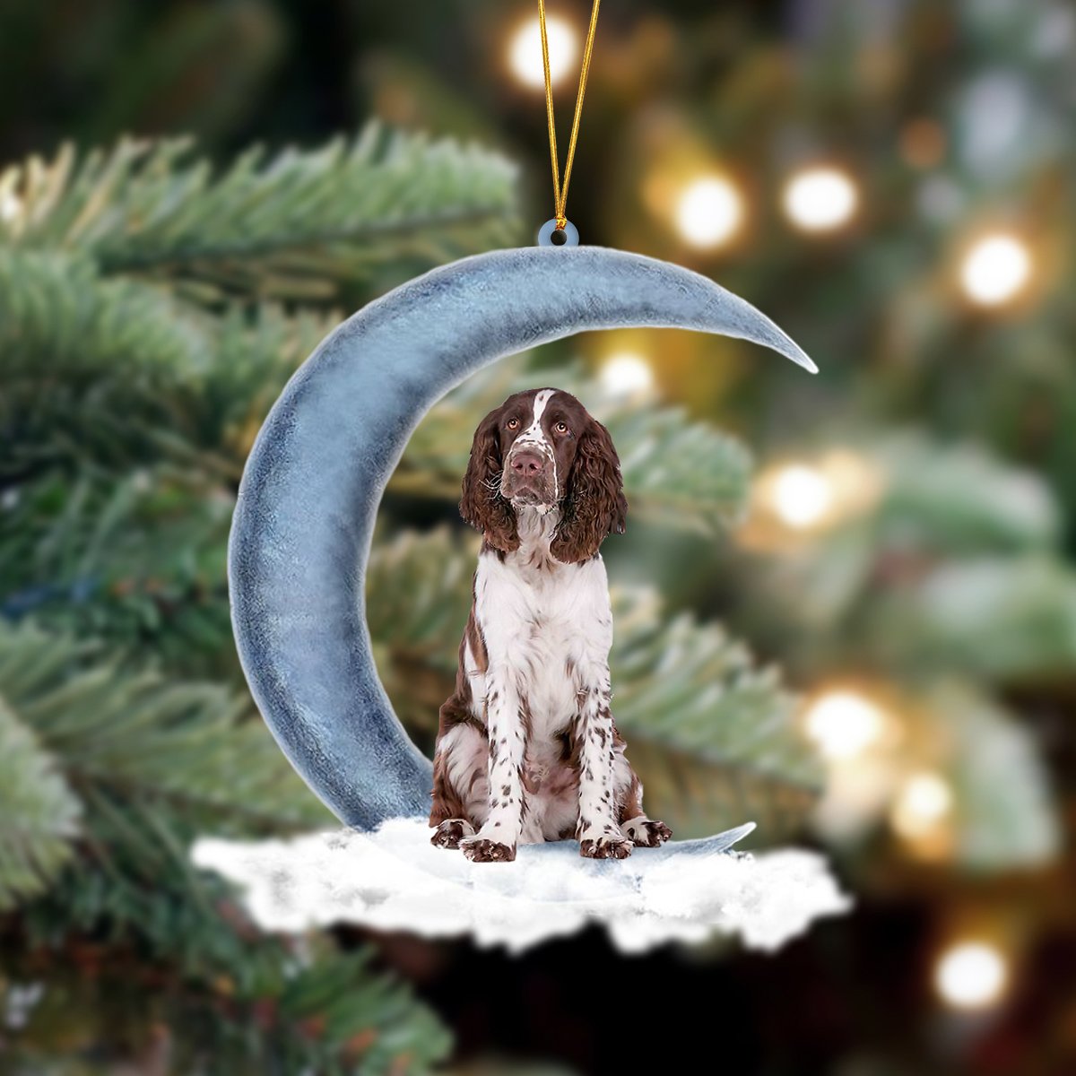 Springer Spaniel Sits On The Moon Hanging Ornament
