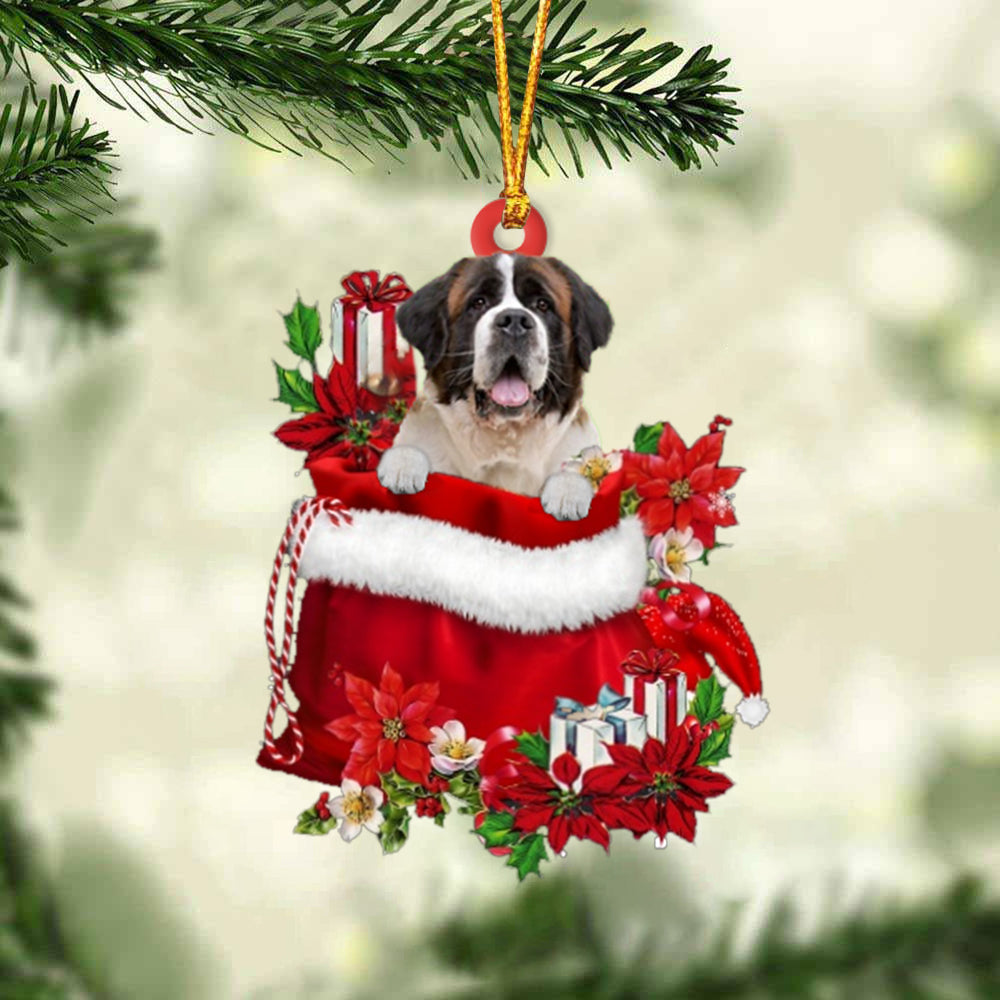 St Bernard In Gift Bag Christmas Ornament