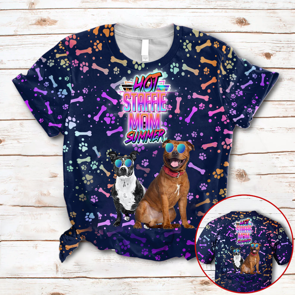 Hot Staffie Mom Summer Neon Tropical Desing 3D All Over Print T-Shirt