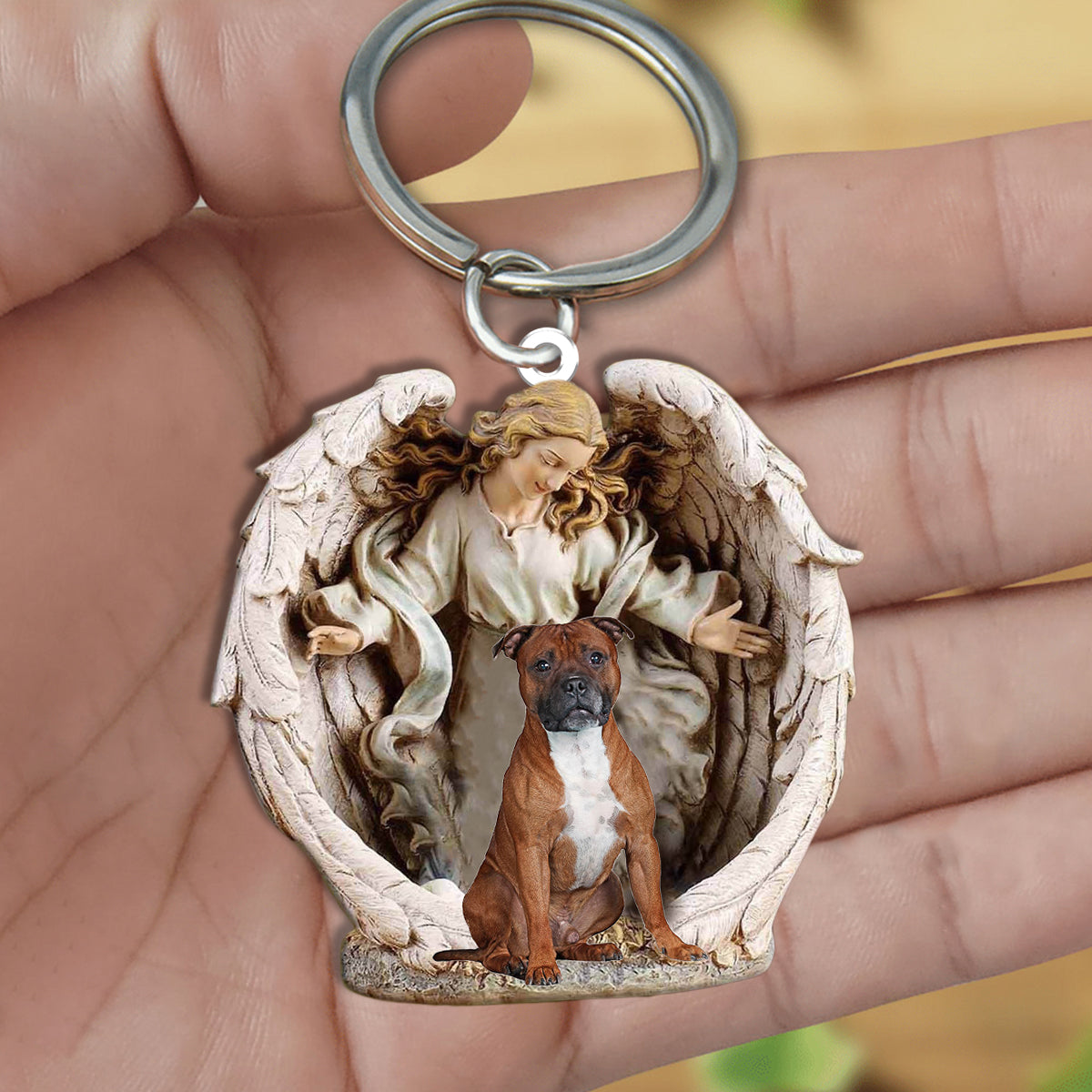 Angel Hug Staffordshire Bull Terrier Acrylic Keychain