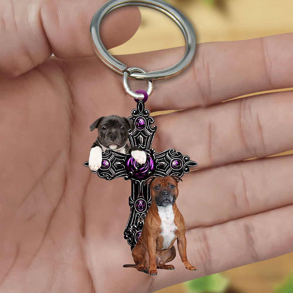 Staffordshire Bull Terrier Pray For God Acrylic Keychain