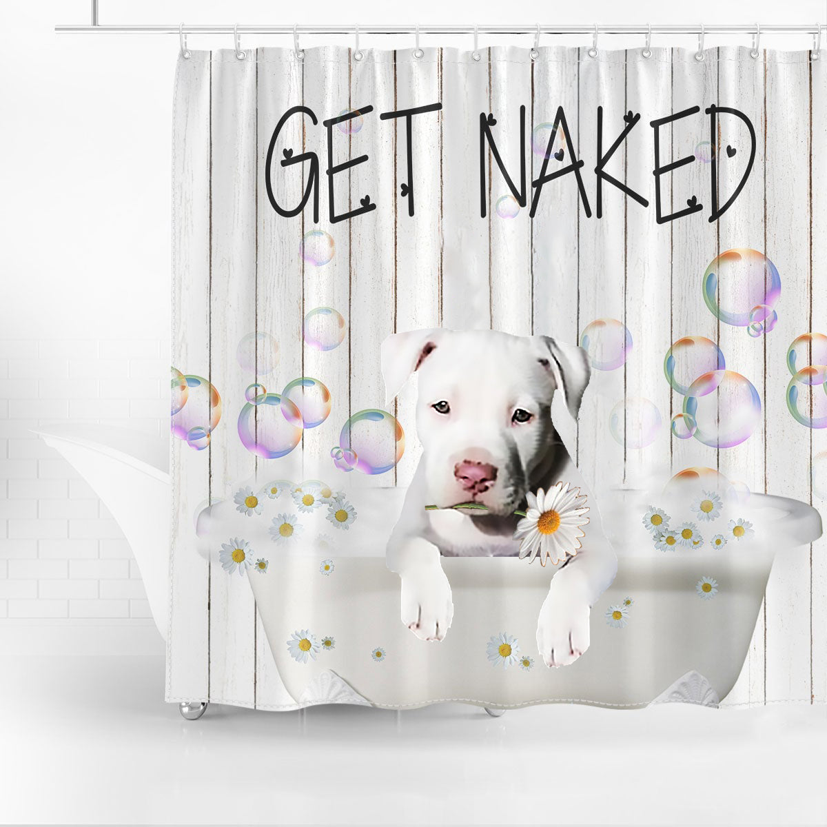 Staffordshire Bull Terrier Get Naked Daisy Shower Curtain