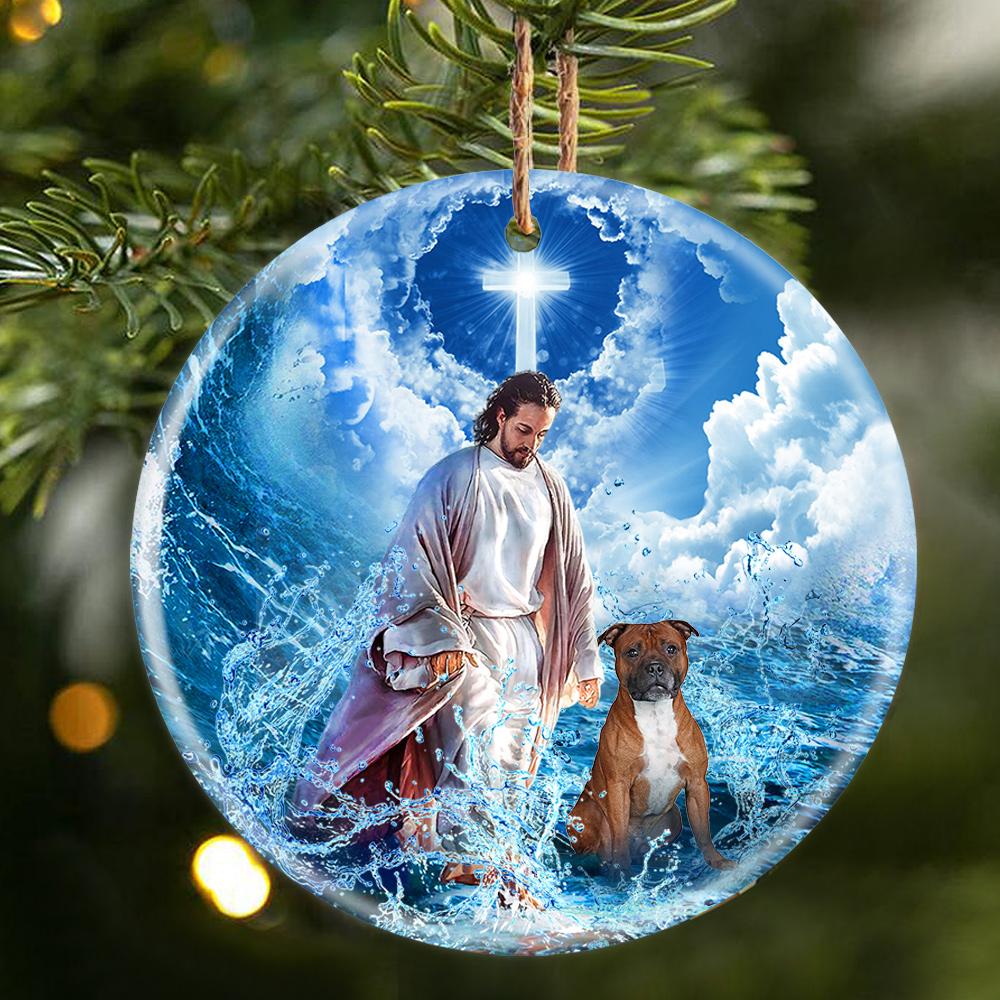 Staffordshire Bull Terrier And God Walking On The Ocean Wave Porcelain/Ceramic Ornament