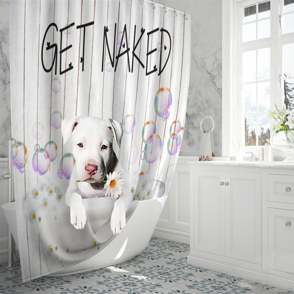 Staffordshire Bull Terrier Get Naked Daisy Shower Curtain