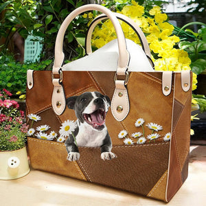 Staffordshire Bull Terrier 2 Holding Daisy Leather Bag