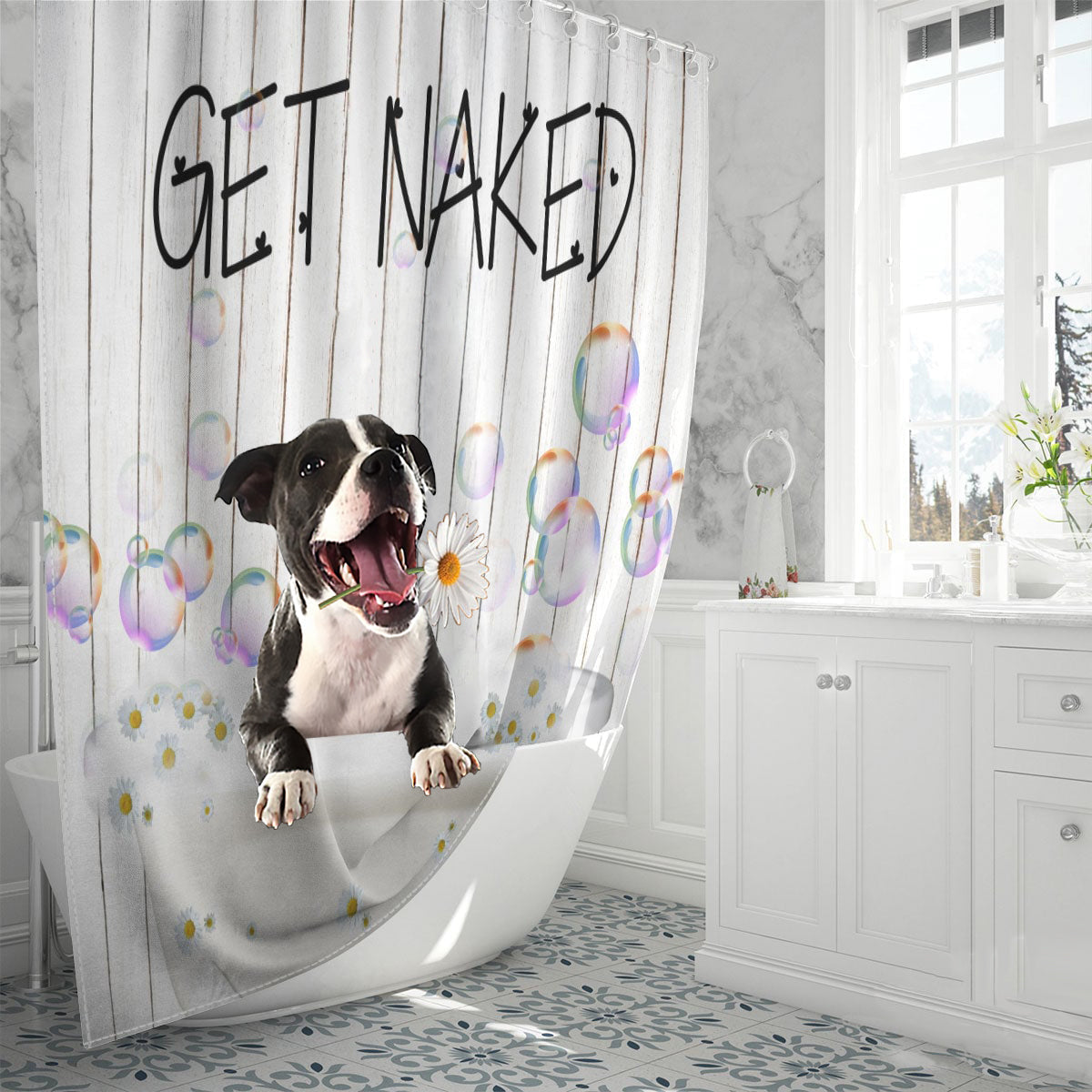 Staffordshire Bull Terrier 2 Get Naked Daisy Shower Curtain