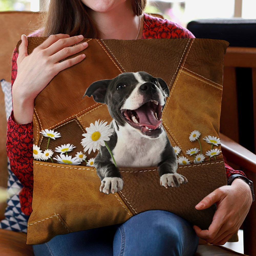 Staffordshire Bull Terrier 2 Holding Daisy Pillow Case