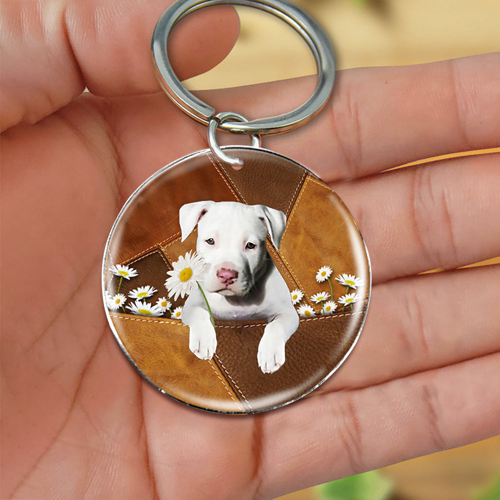 Staffordshire Bull Terrier 02Holding Daisy-Round Resin Epoxy Metal Keychain