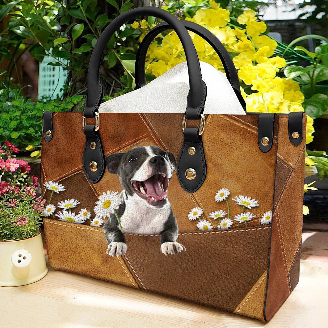 Staffordshire Bull Terrier 2 Holding Daisy Leather Bag