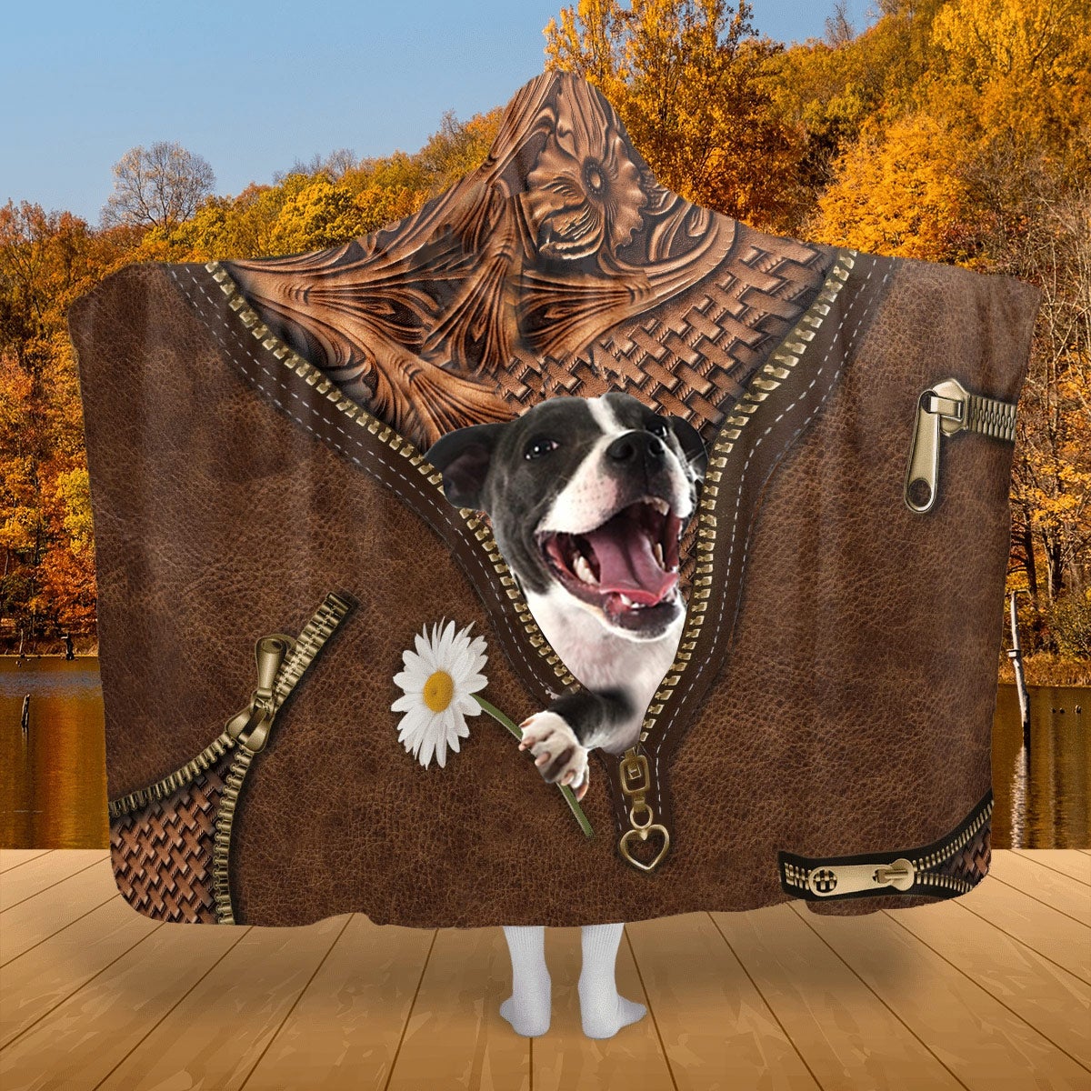 Staffordshire Bull Terrier 2 Holding Daisy Hooded Blanket