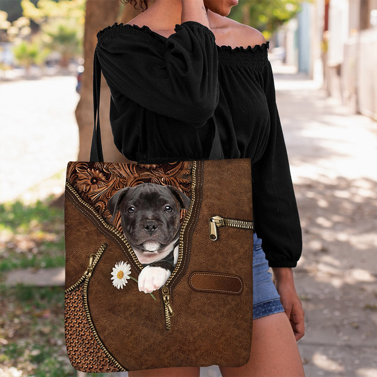 Staffordshire Bull Terrier Holding Daisy Tote Bag