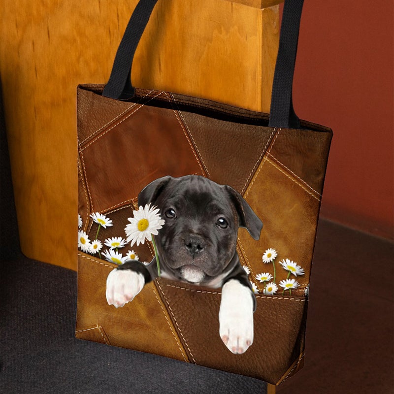 Staffordshire Bull Terrier Holding Daisy All Over Printed Tote Bag