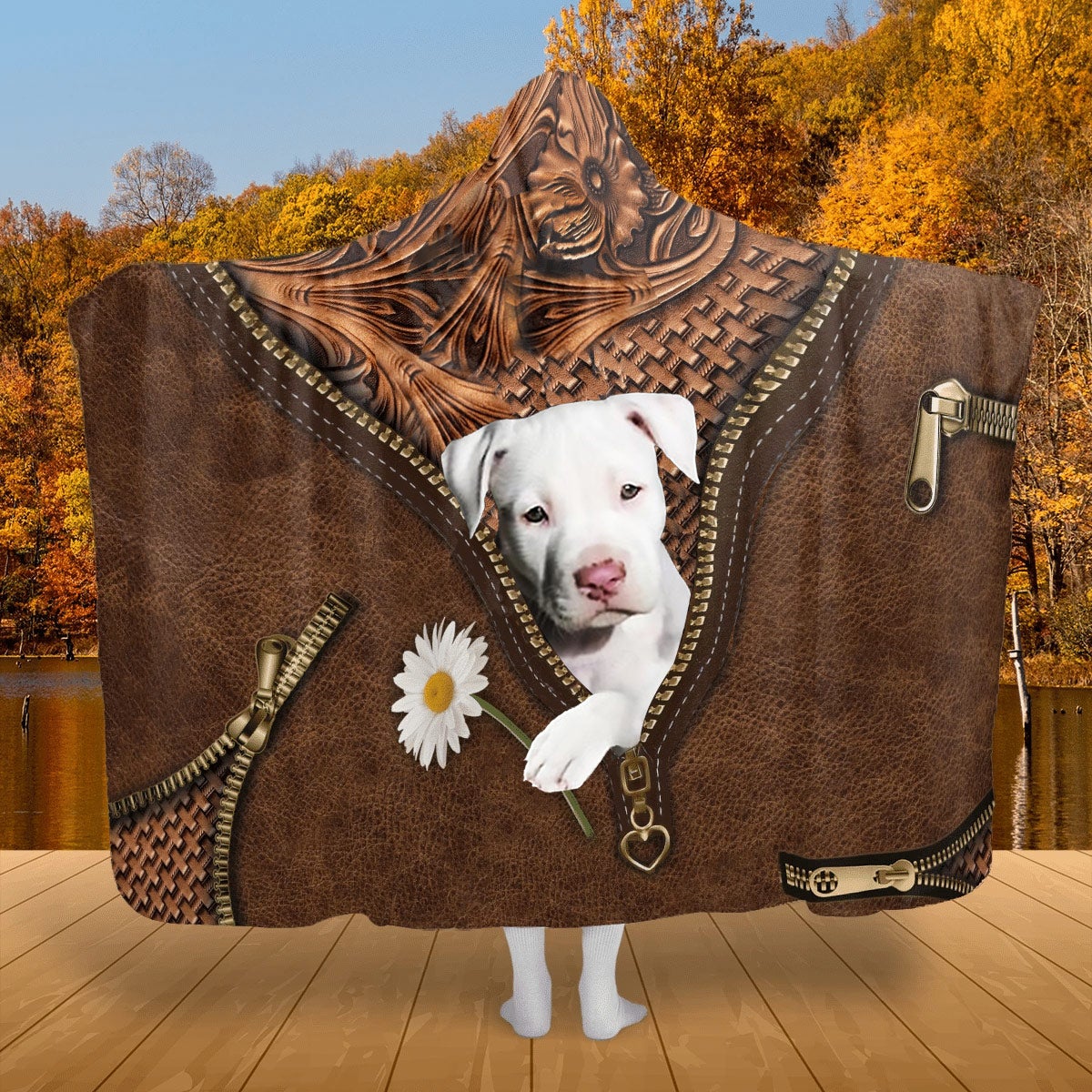 Staffordshire Bull Terrier Holding Daisy Hooded Blanket