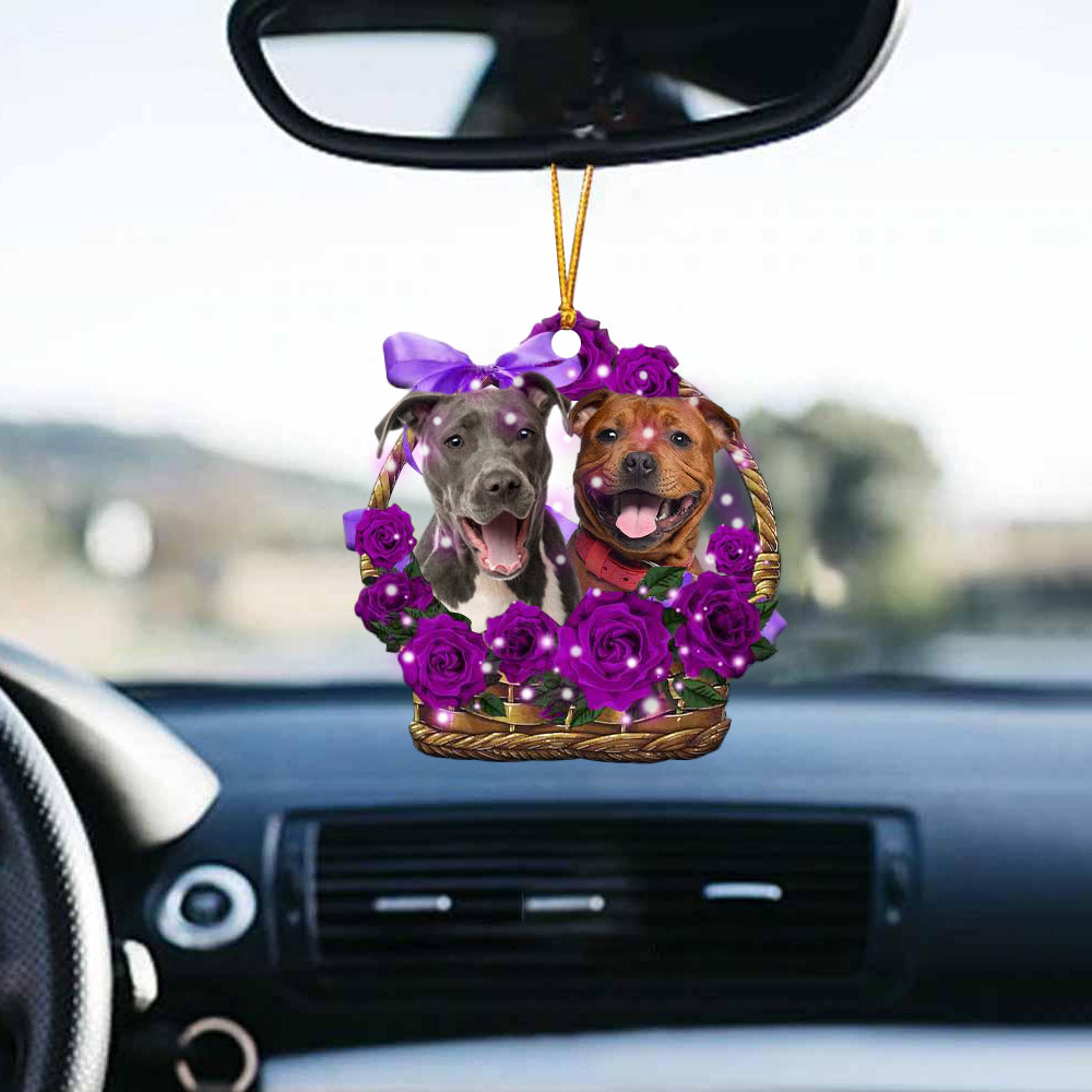 Staffordshire Bull Terrier Purple Rose Wicker Basket Car Hanging Ornament