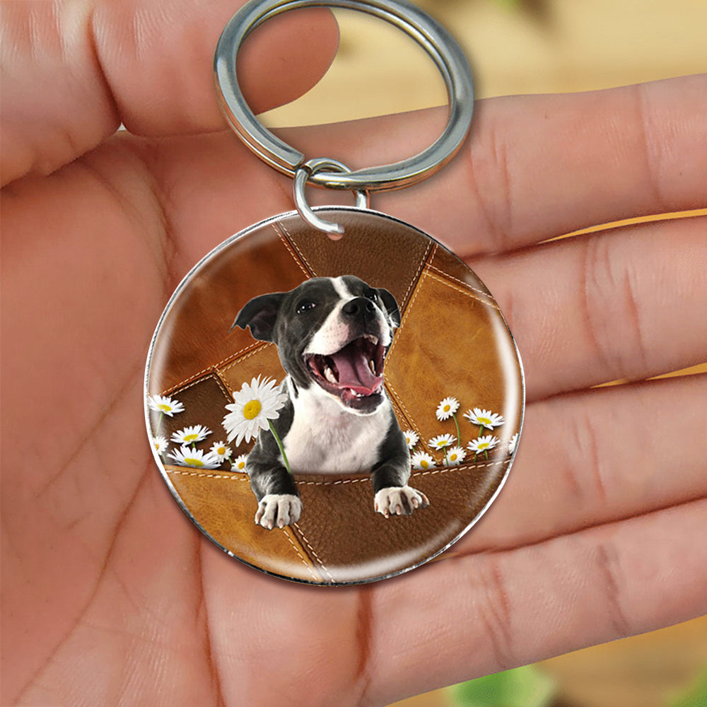 Staffordshire Bull Terrier Holding Daisy-Round Resin Epoxy Metal Keychain