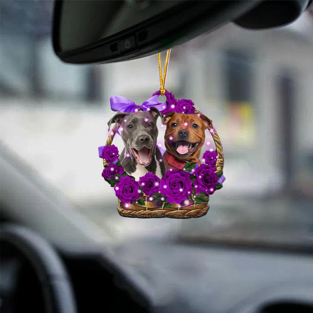 Staffordshire Bull Terrier Purple Rose Wicker Basket Car Hanging Ornament