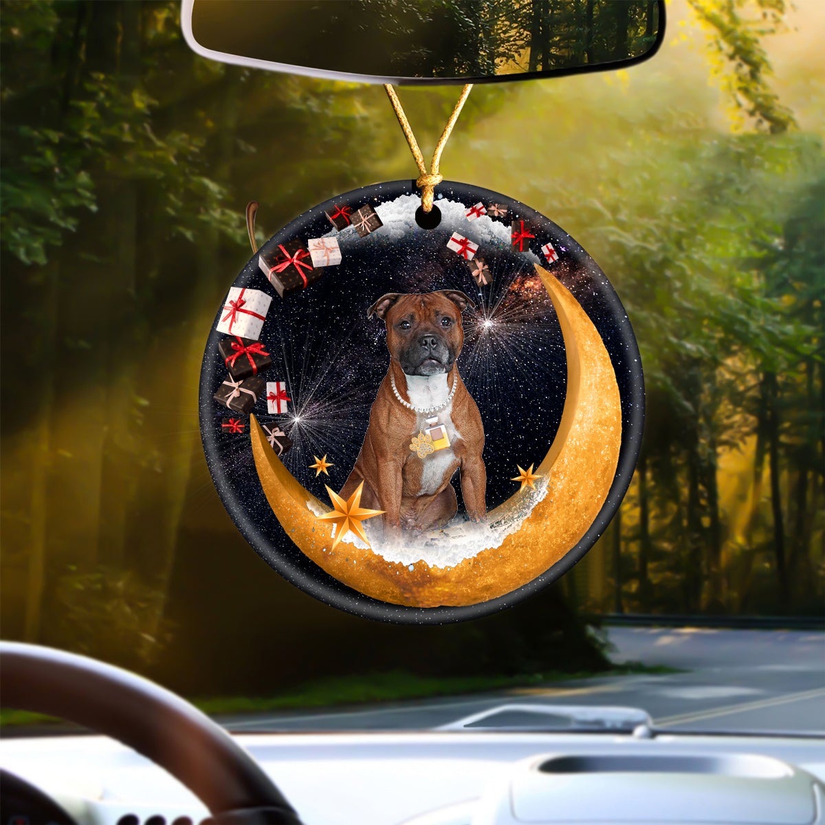 Staffordshire Bull Terrier Fashion Moon Car Hanging Ceramic Ornament