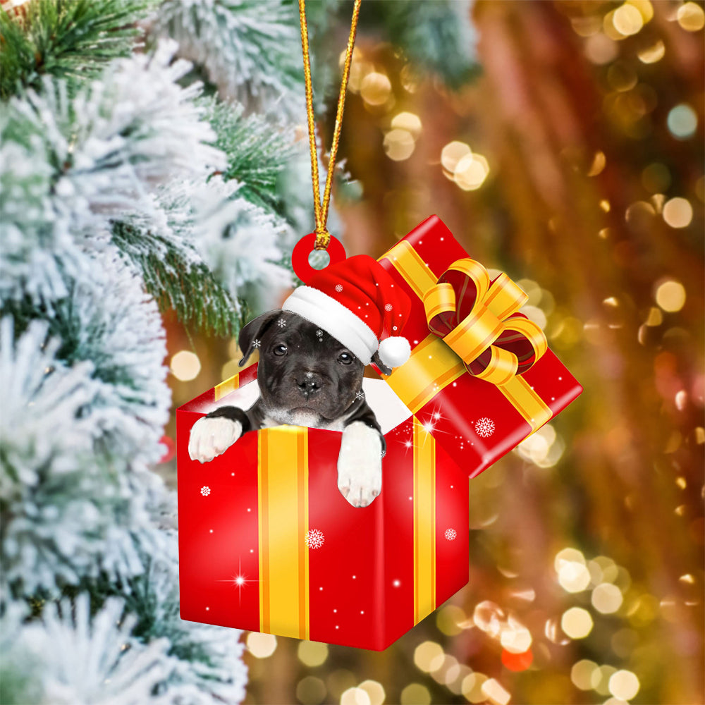 Staffordshire Bull Terrier In Red Gift Box Christmas Ornament