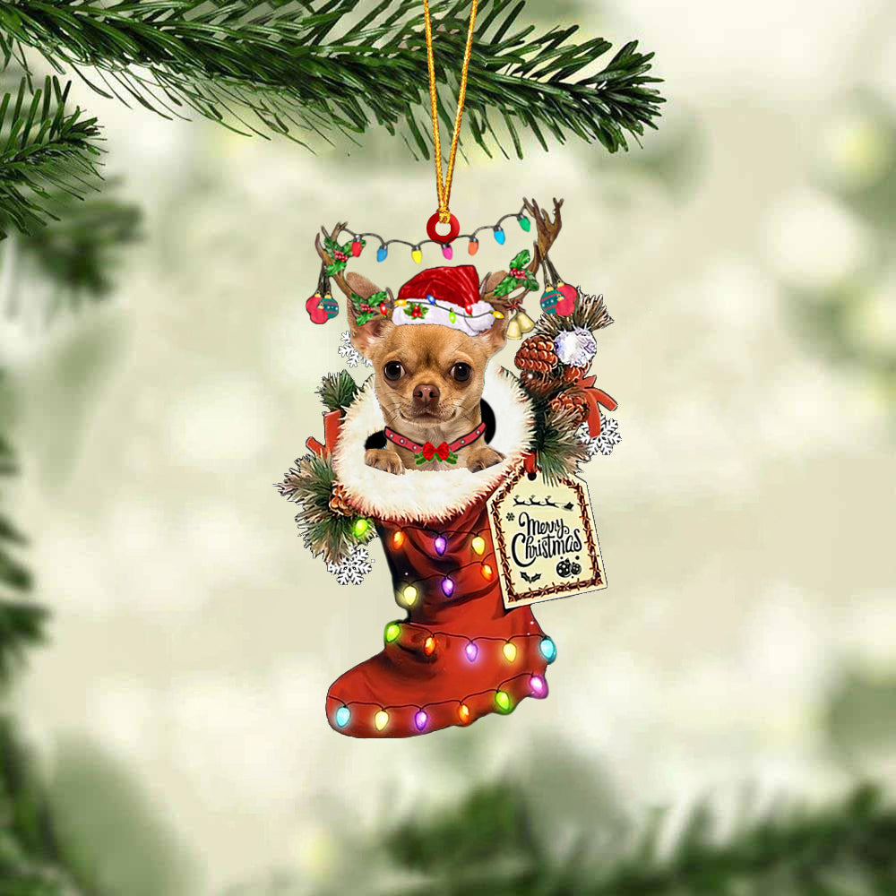 TAN Chihuahua In Red Boot Christmas Ornament