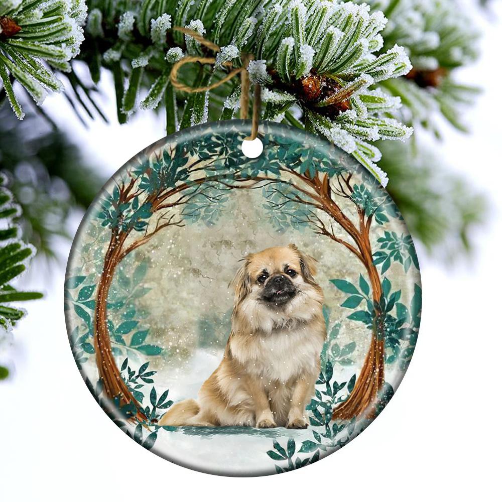 Tibetan Spaniels Among Forest Porcelain/Ceramic Ornament