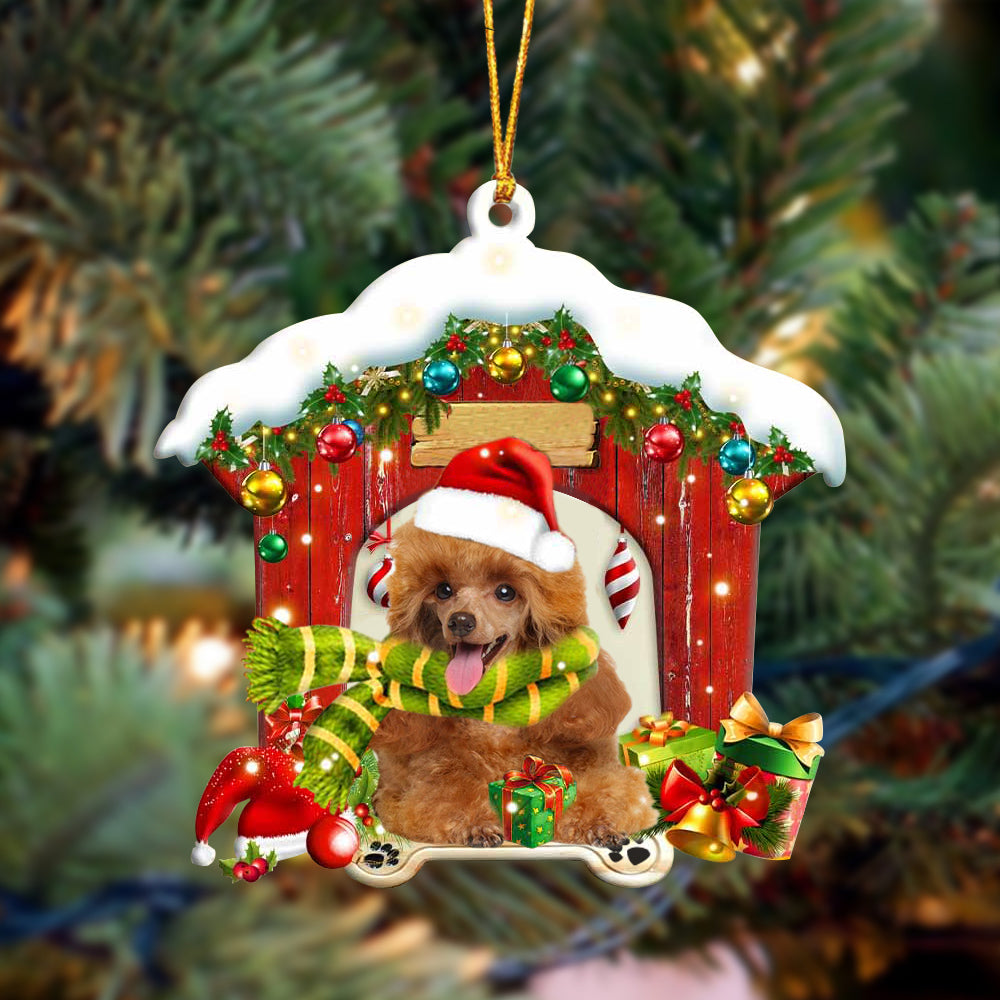 Toy Poodle In Red Wood House Christmas Ornament