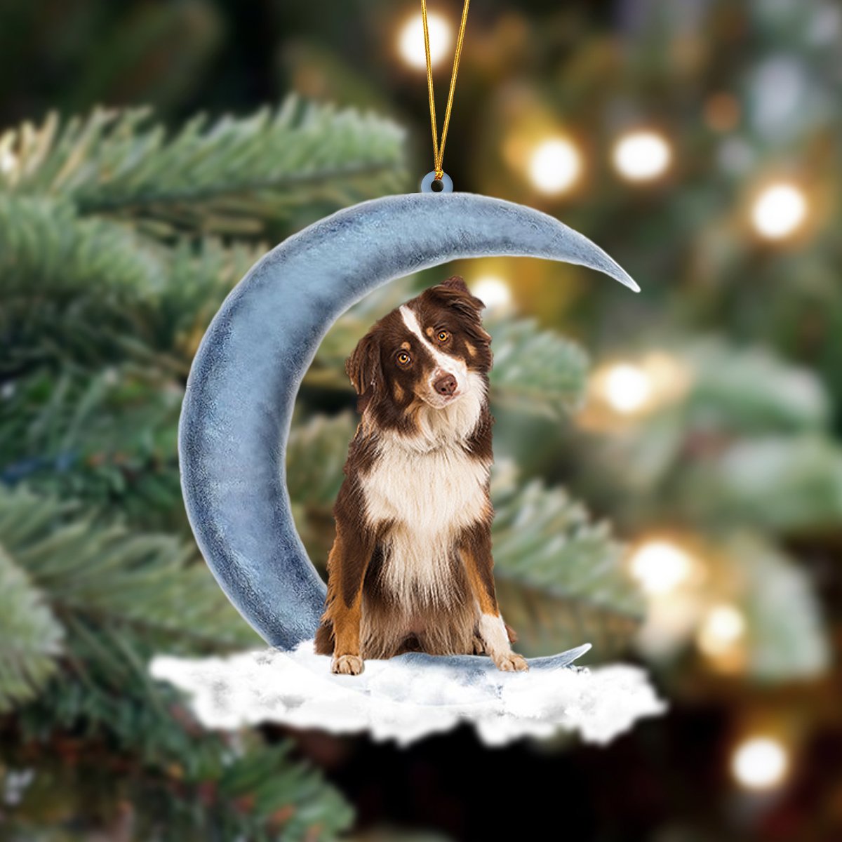 Tri Red Aussie Sits On The Moon Hanging Ornament