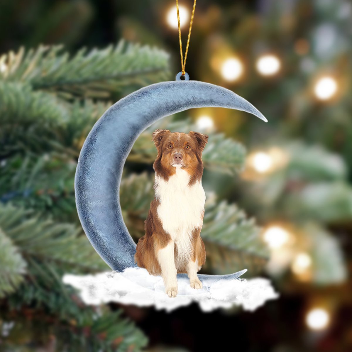 Tri Red Aussie 02 Sits On The Moon Hanging Ornament