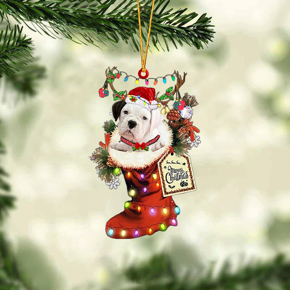 WHITE Boxer In Red Boot Christmas Ornament