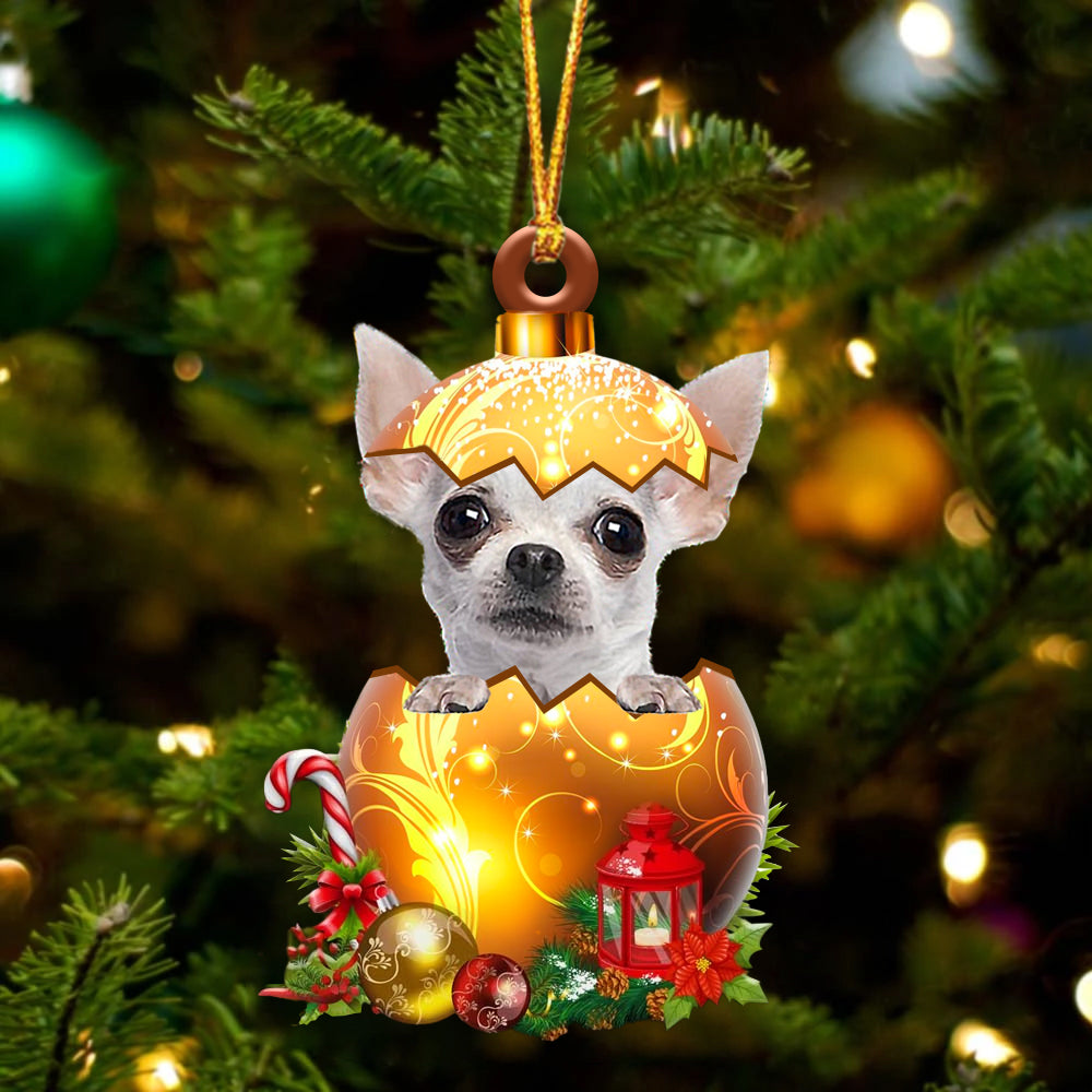 WHITE Chihuahua In Golden Egg Christmas Ornament