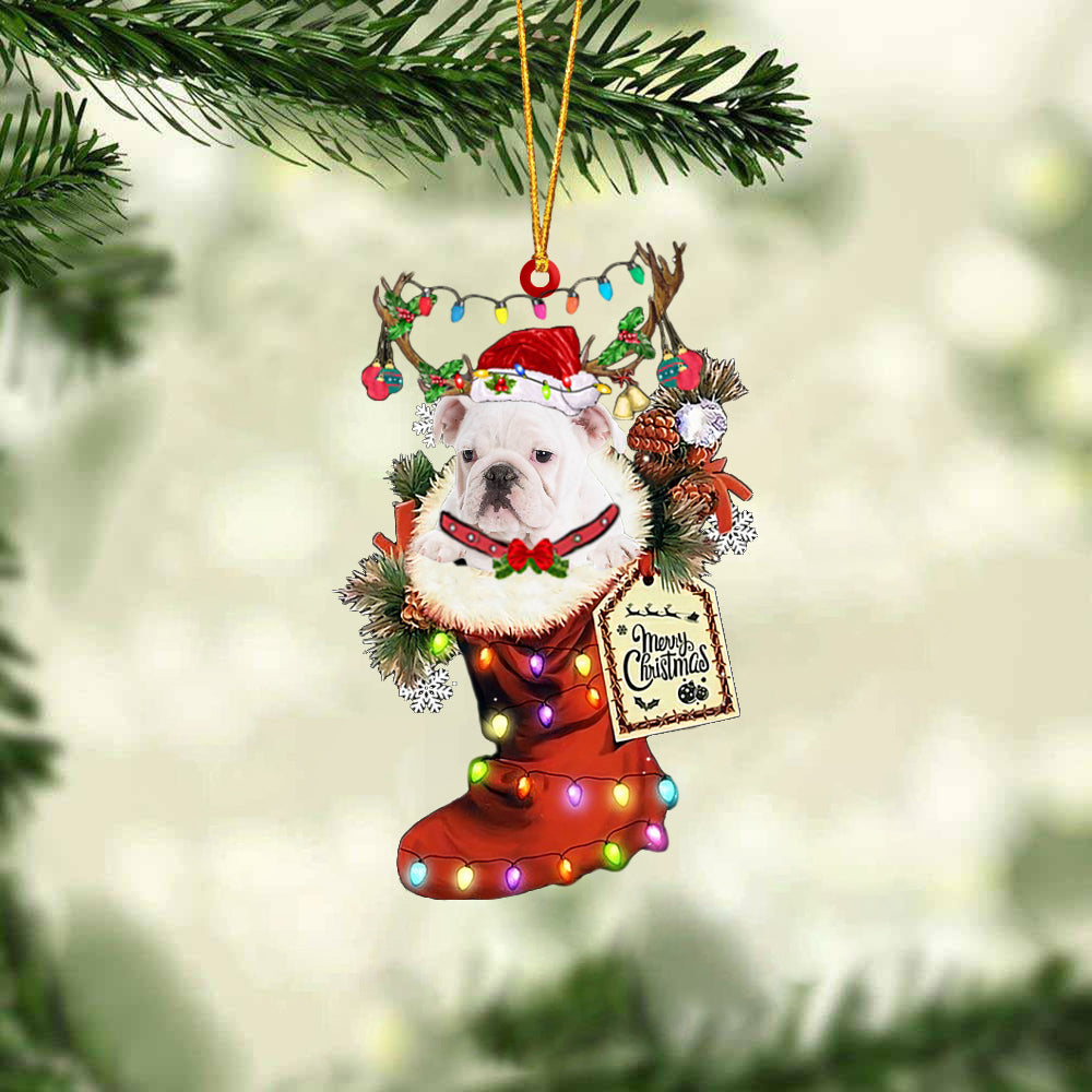 WHITE English Bulldog In Red Boot Christmas Ornament