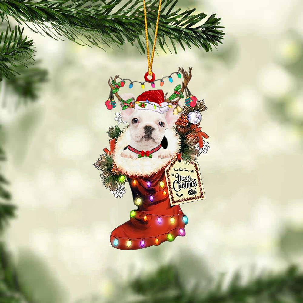 WHITE French Bulldog In Red Boot Christmas Ornament