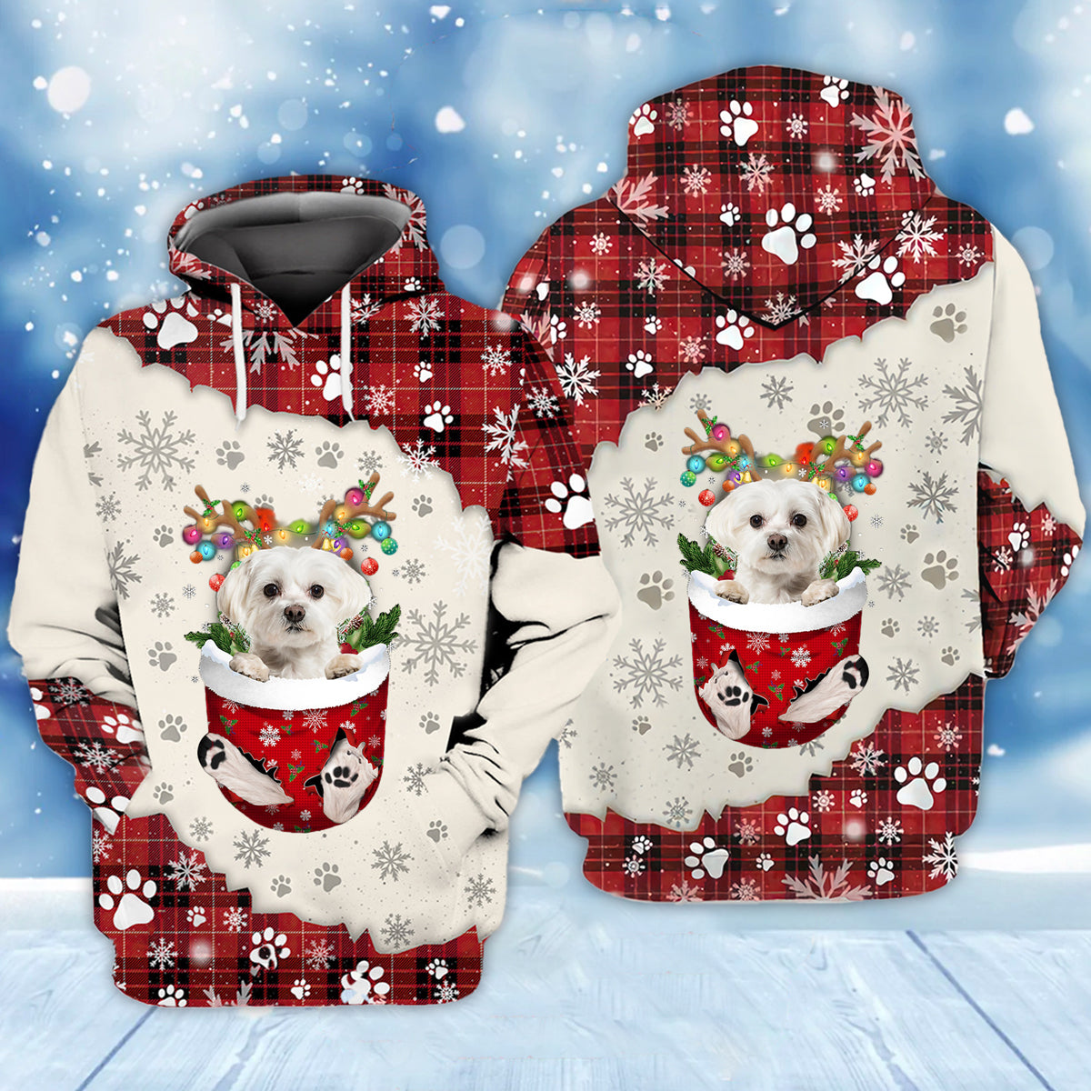 WHITE Maltese In Snow Pocket Merry Christmas Unisex Hoodie