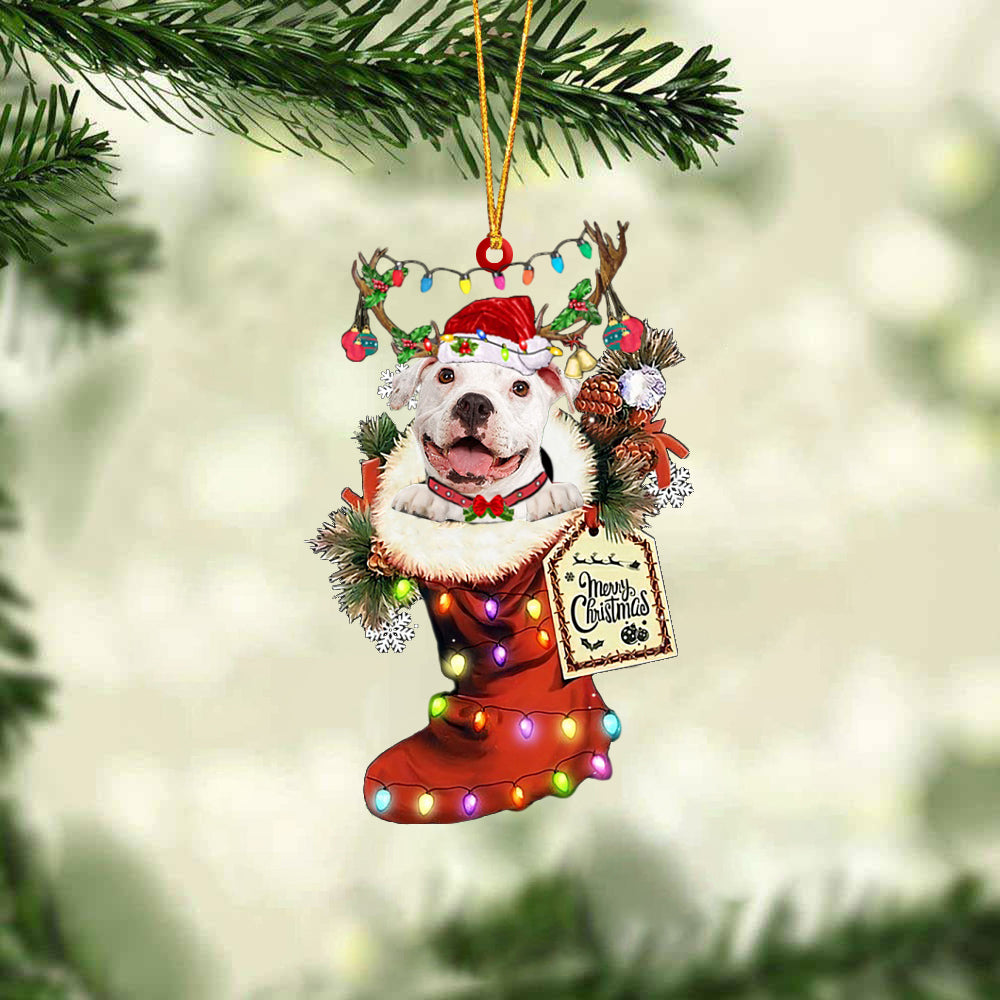 WHITE Pitbull In Red Boot Christmas Ornament