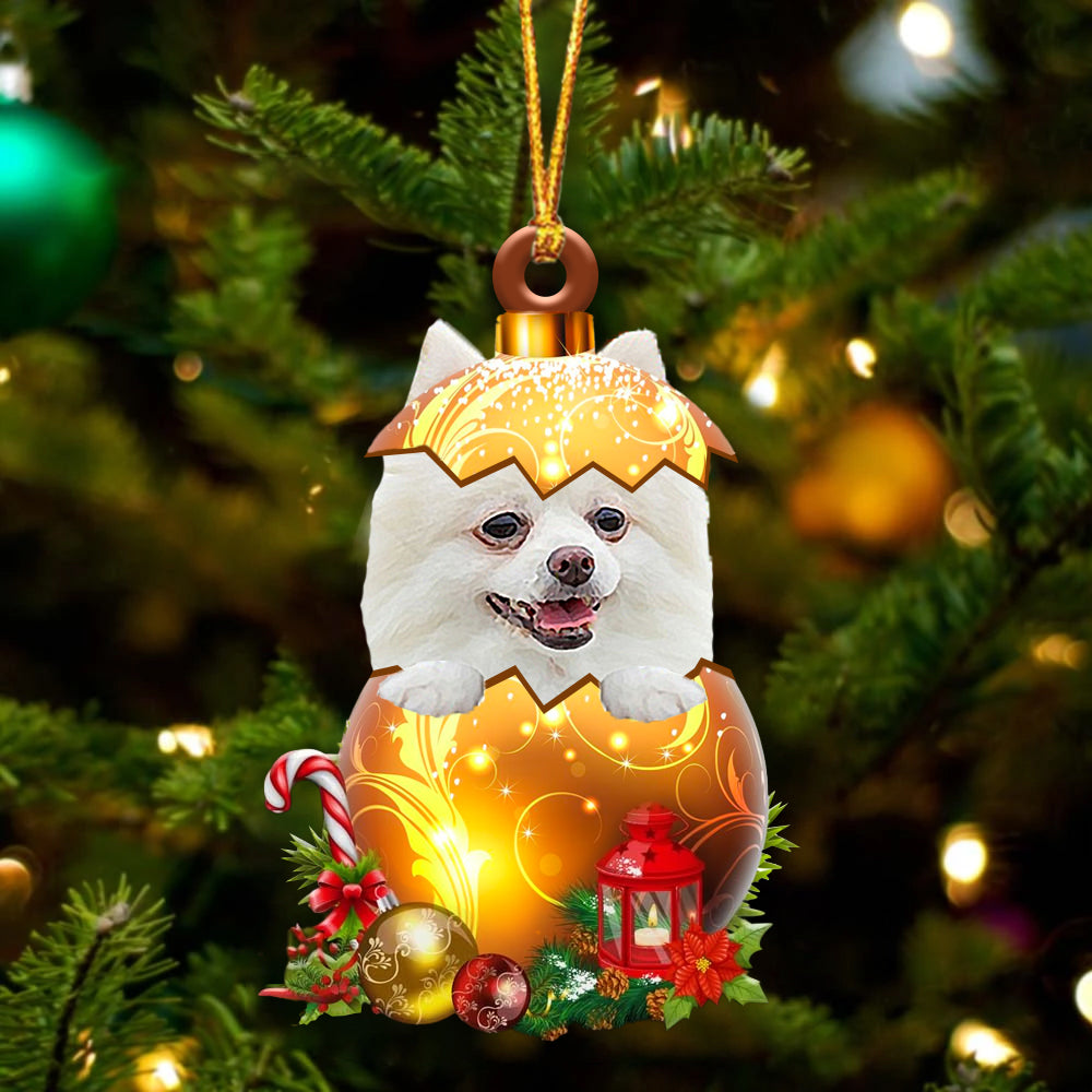 WHITE Pomeranian In Golden Egg Christmas Ornament