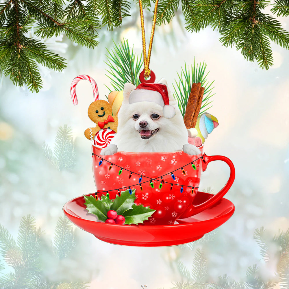 WHITE Pomeranian In Cup Merry Christmas Ornament