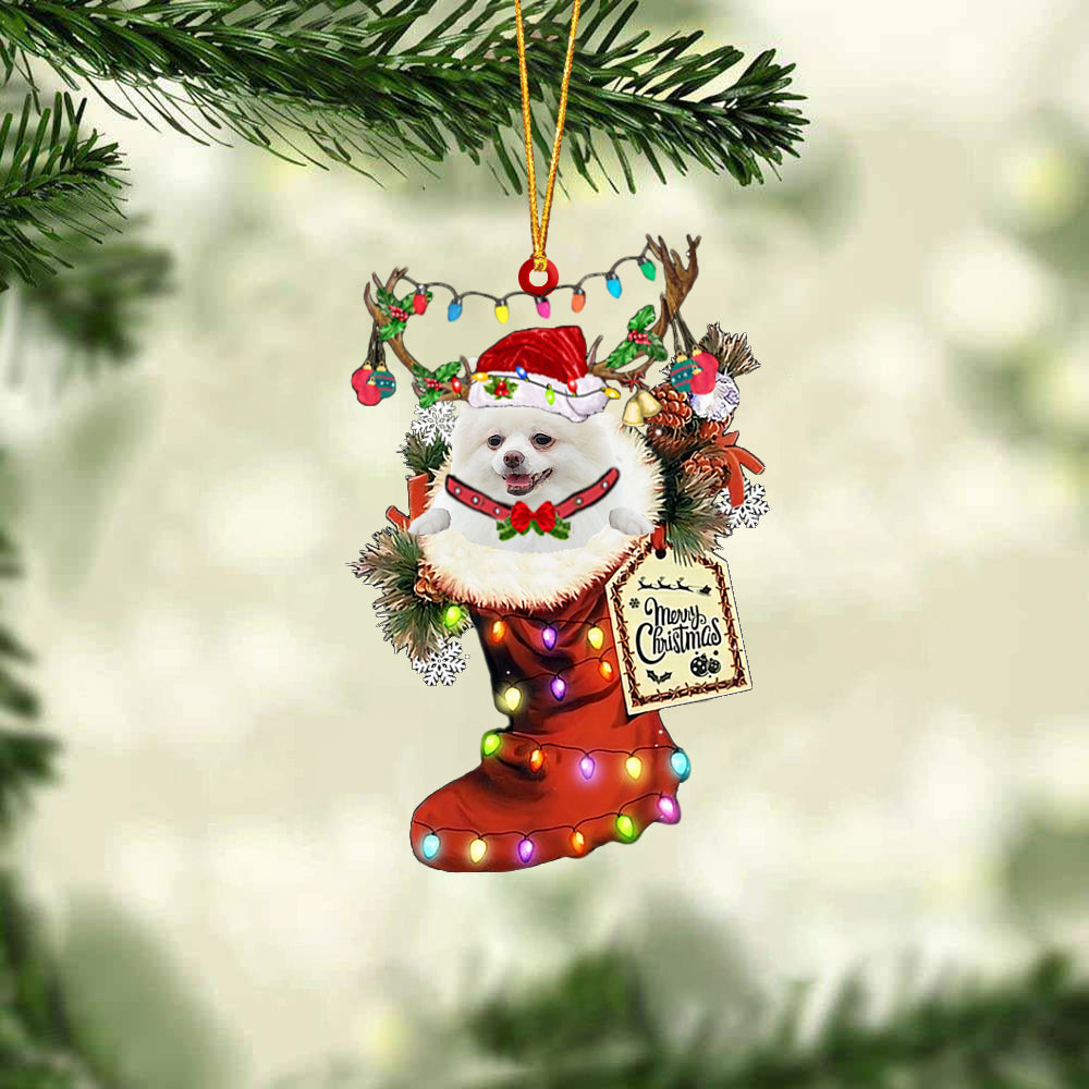 WHITE Pomeranian In Red Boot Christmas Ornament