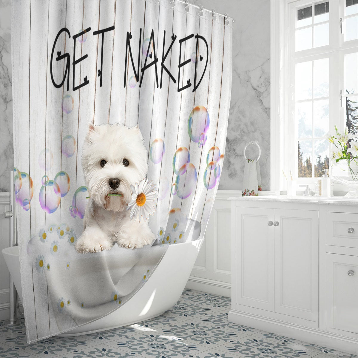West Highland White Terrier Dog Get Naked Daisy Shower Curtain