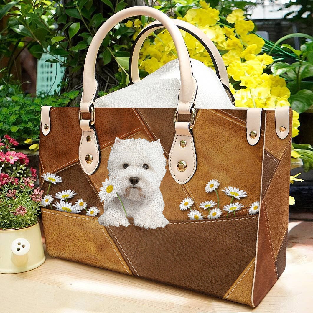 West Highland Dog Holding Daisy Leather Bag