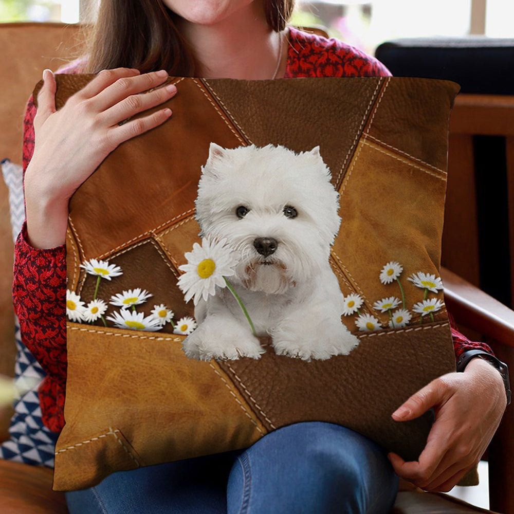 West Highland Dog Holding Daisy Pillow Case