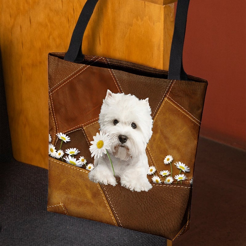 West Highland Dog Holding Daisy  All Over Printed Tote Bag
